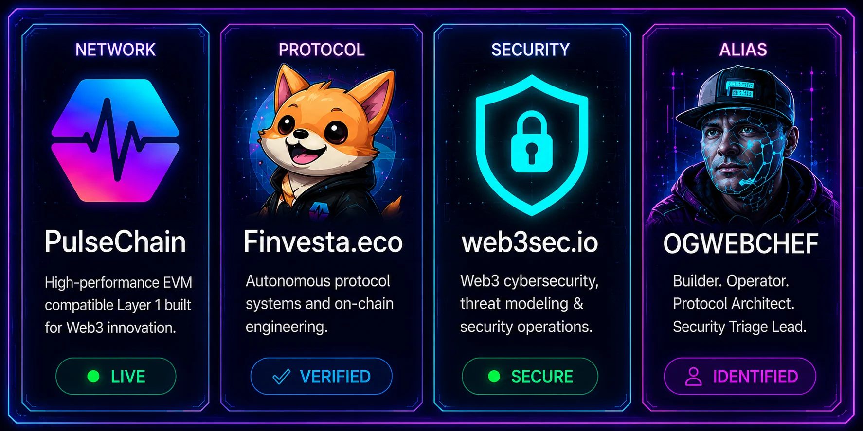Profile cards for PulseChain network, Finvesta.eco protocol, web3sec.io security, and OGWEBCHEF alias